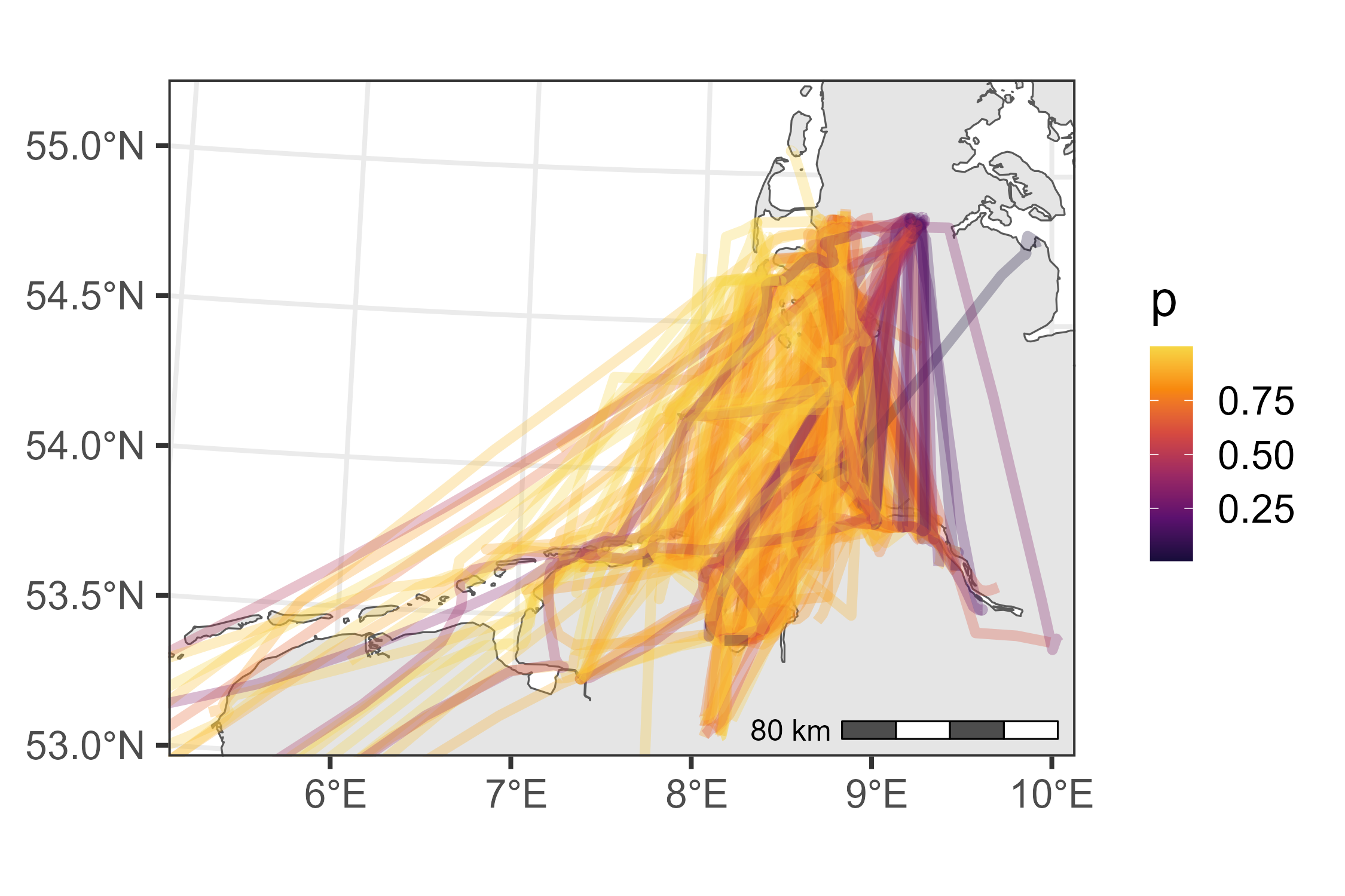 Map showing the posterior predictions for being in state 1 per flight.